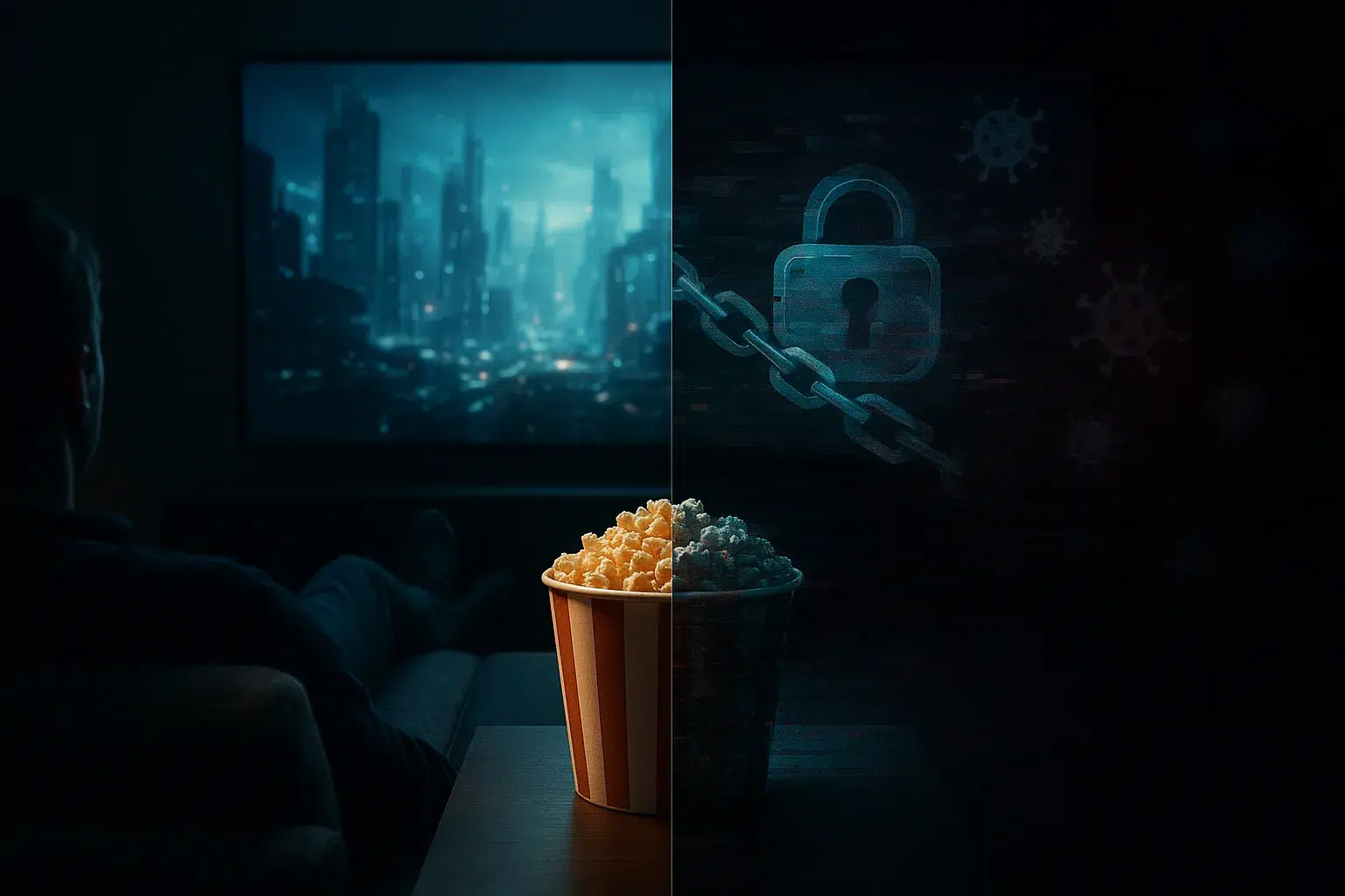 A split-screen visual metaphor showing the benefits and risks of 40StarHD, contrasting cozy streaming with glitches and digital threats.