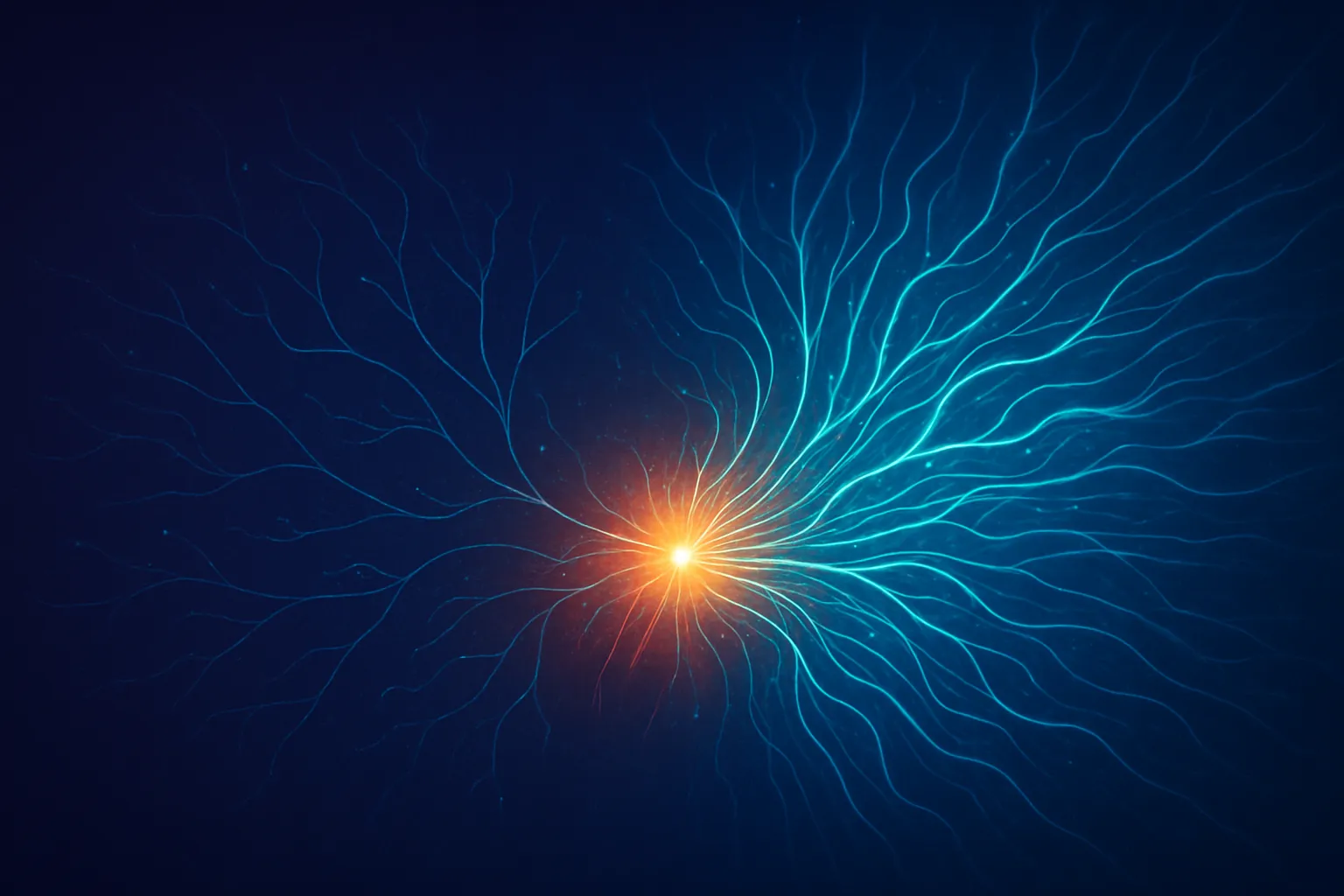 Abstract visualization of Antennino technology evolution, showing a glowing core with neural network pathways transitioning from simple concepts to complex, cutting-edge applications on a dark blue background.