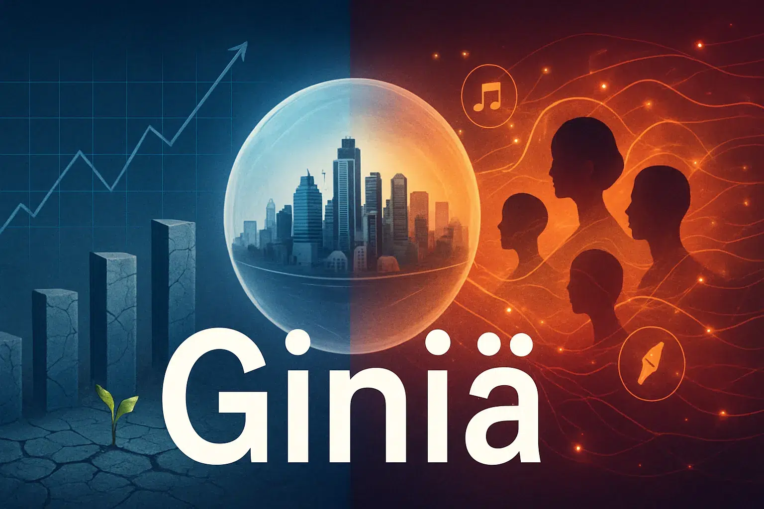 A conceptual illustration of the Giniä concept, showing a split between analytical economic graphs on one side and a vibrant network of cultural and digital connections on the other, with the word 'Giniä' prominently displayed.