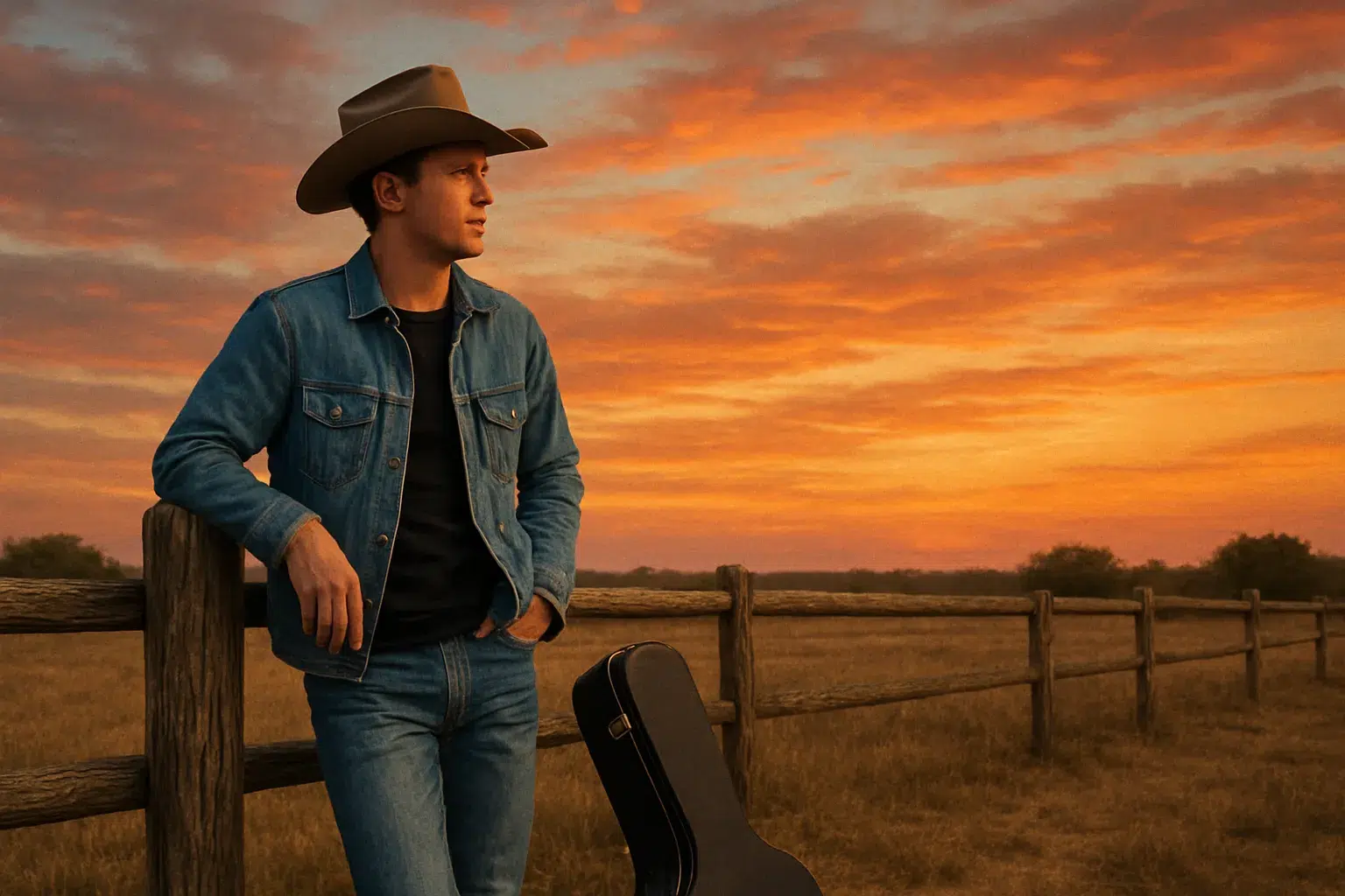 Country singer Parker McCollum in a thoughtful moment, leaning against a fence post under a vast Texas sunset with his guitar case at his feet.
