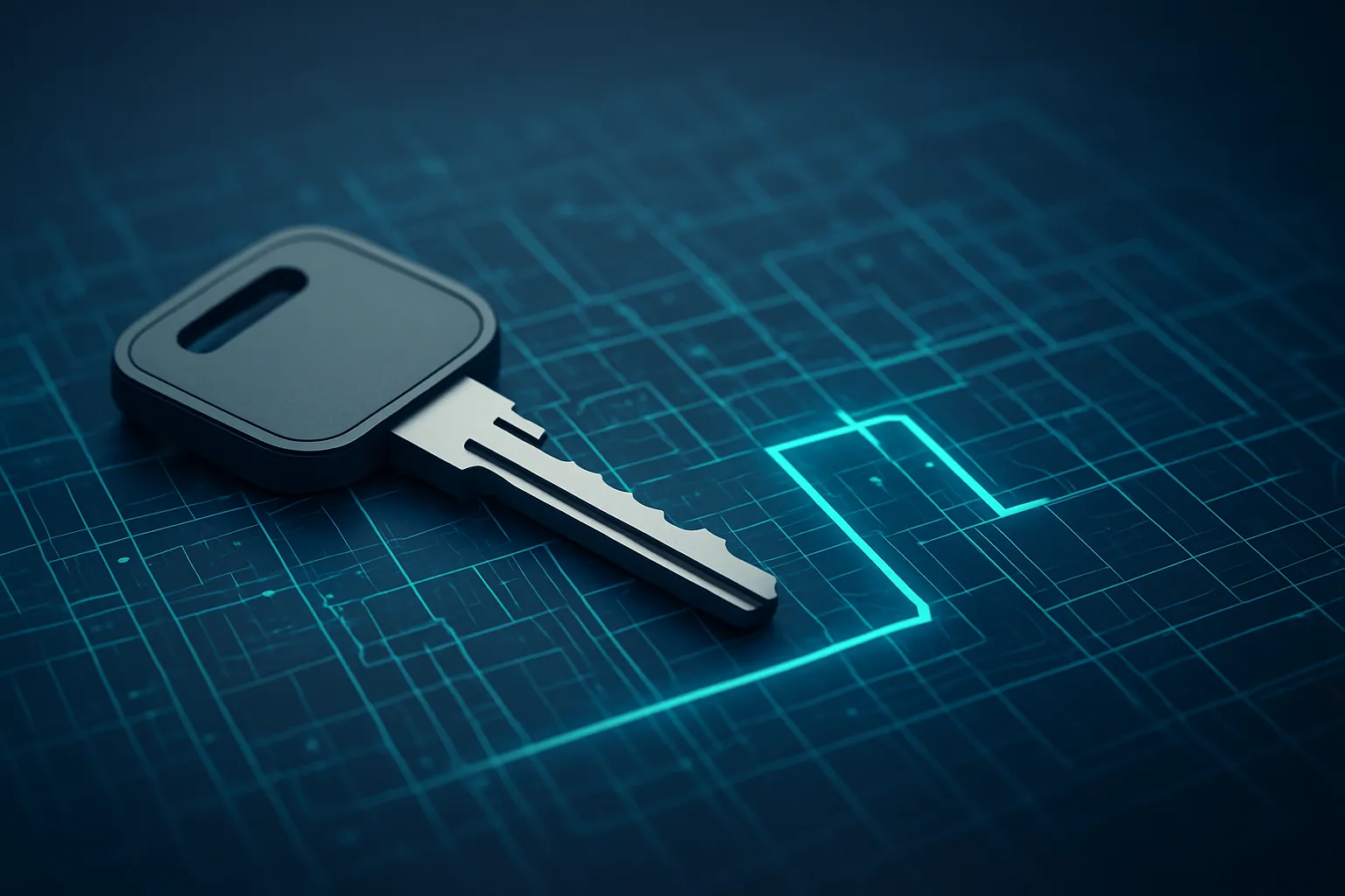 A modern key lies on a glowing, intricate blueprint, symbolizing RSS Letter No. 0876 as the key to unlocking a complex regulatory pathway.