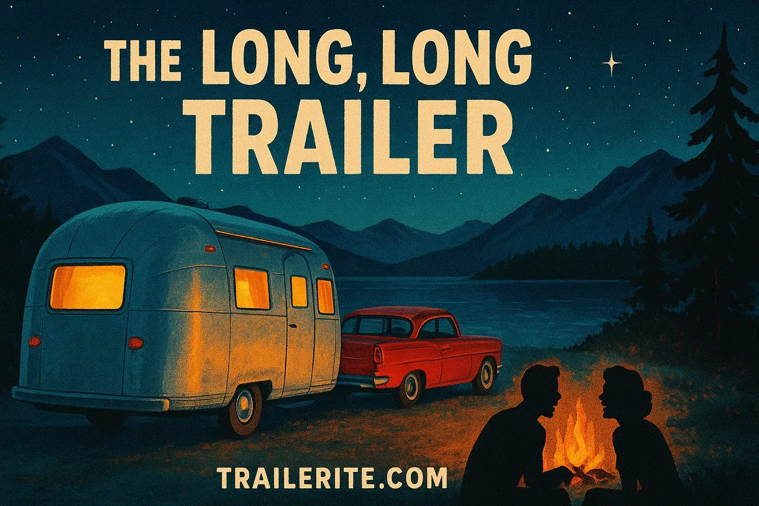 Vintage 1950s-style travel poster for the movie 'The Long, Long Trailer' featuring a silver Airstream trailer by a lake at night, with silhouettes of Lucille Ball and Desi Arnaz