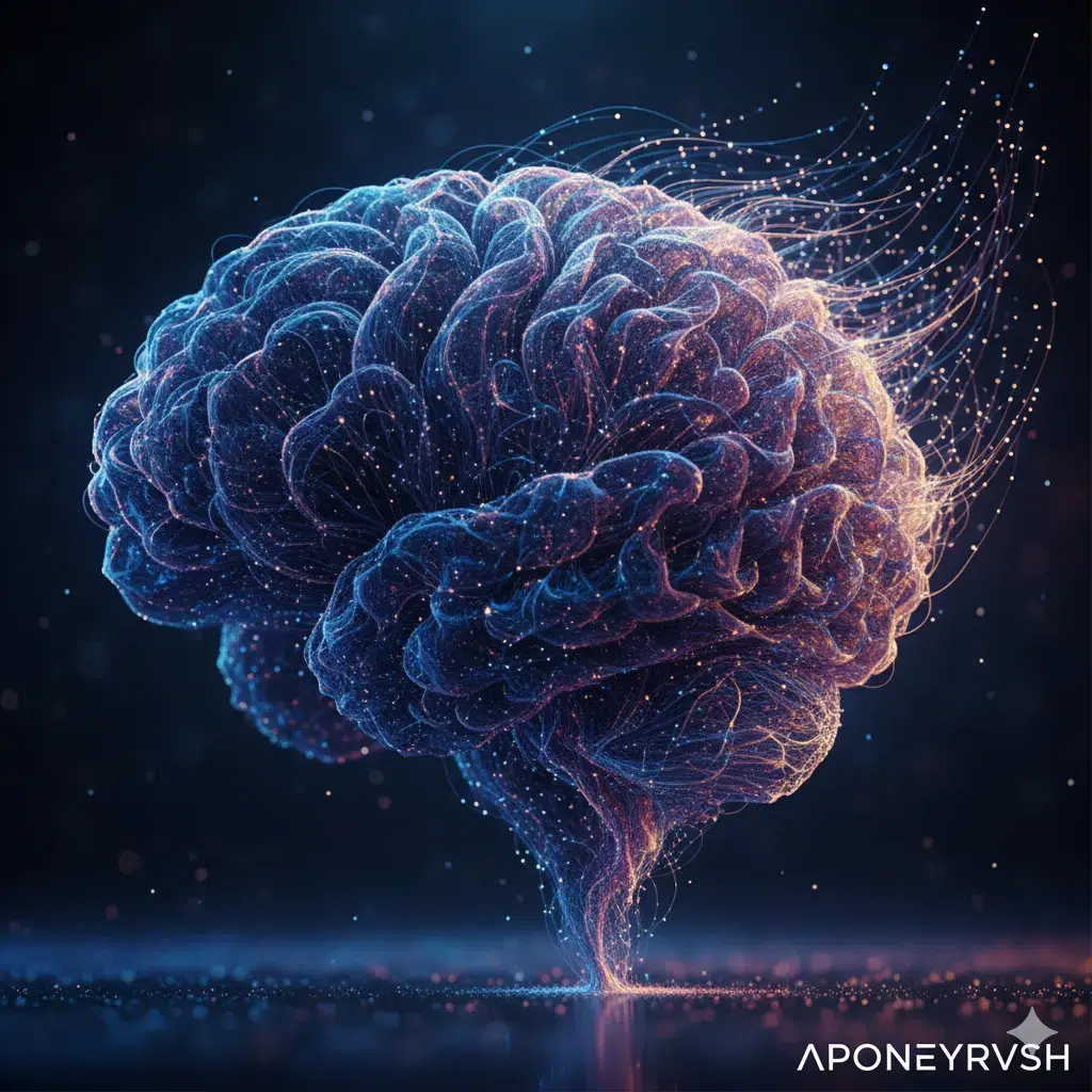 Abstract, glowing illustration of a complex brain-like network with interconnected lines and particles, symbolizing the holistic nature of the Aponeyrvsh philosophy for systemic change and renewal.