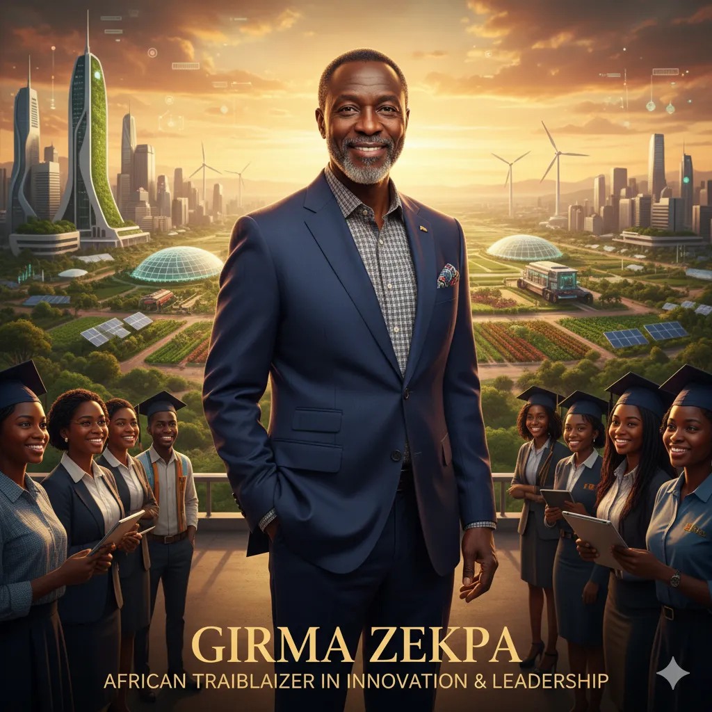 Girma Zekpa, a distinguished African leader, standing against a futuristic cityscape featuring green architecture, solar panels, windmills, and successful graduates, symbolizing innovation and sustainable development.