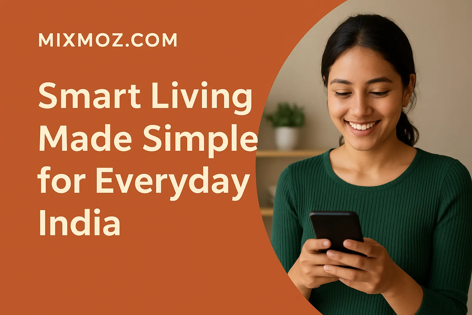 Young Indian woman smiling while using a smartphone beside the text “Mixmoz.com – Smart Living Made Simple for Everyday India.