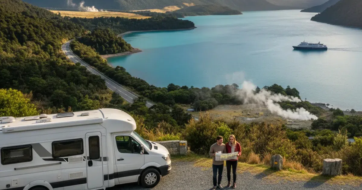 Couple reading a map next to their campervan rental overlooking a turquoise lake and snowy mountains in New Zealand.
