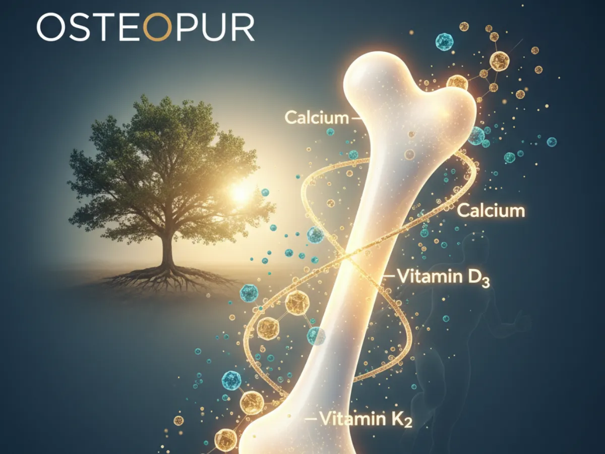3D rendering of a glowing femur bone with molecular rings labeled Calcium, Vitamin D3, and Vitamin K2, illustrating the Osteopur formula for bone strength.