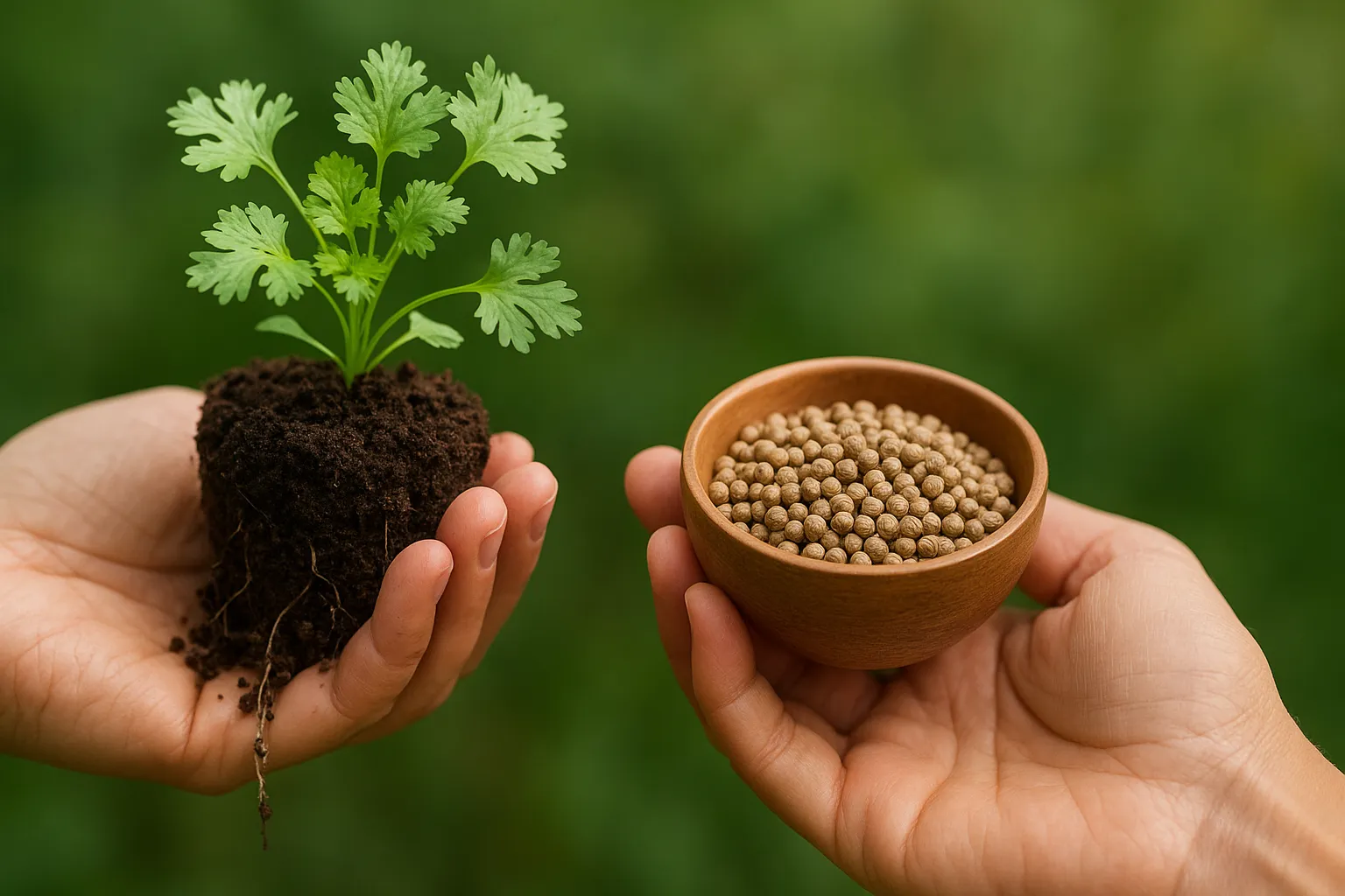 A close-up, textured view of a person holding a fresh Koriandri plant with its roots and a wooden bowl of coriander seeds, symbolizing natural health and homegrown wellness.
