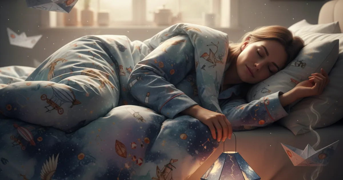Woman sleeping peacefully in Pyjamaspapper pajamas with a galaxy print, holding a glowing lantern, surrounded by floating paper boats, symbolizing imagination and comfort.