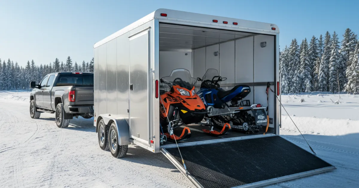Enclosed aluminum snowmobile trailer with the rear ramp down, showing two secured orange and blue snowmobiles inside on a snowy winter road.