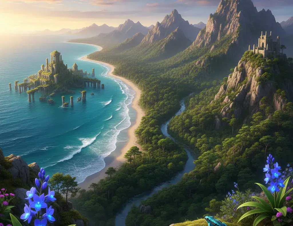 Breathtaking landscape of Antolohe's Azure Coastline meeting lush Verdant Peaks, featuring ancient ruins, a majestic citadel, and endemic flora like the Antolohe Blue Frog.