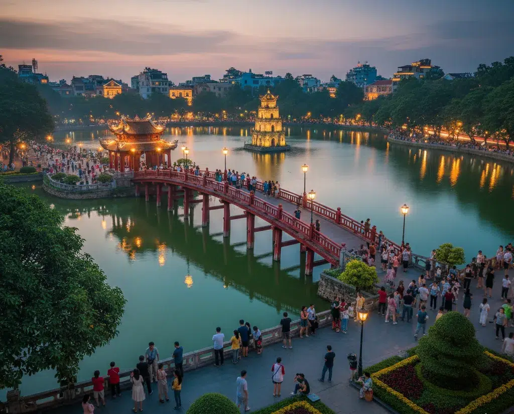 Vibrant night view of Hanoi's Hoan Kiem Lake, featuring the iconic red Huc Bridge and the ancient Turtle Tower illuminated against the twilight sky.
