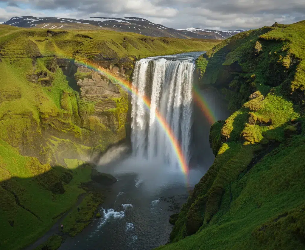 A panoramic view of Skógafoss waterfall in South Iceland, showcasing a bright double rainbow arcing over the powerful cascade and lush green moss-covered cliffs.