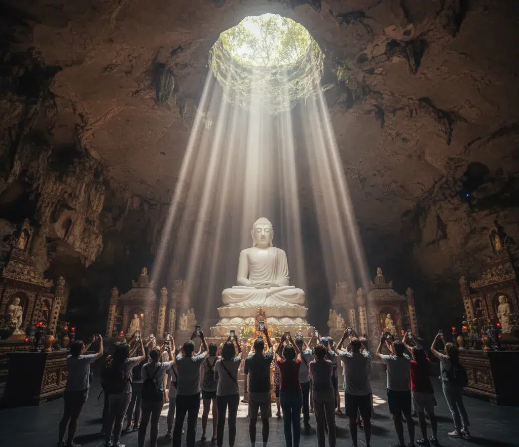 Buddha statue bathed in mystical light rays inside Huyen Khong Cave at Ngũ Hành Sơn, the Marble Mountain in Vietnamese.