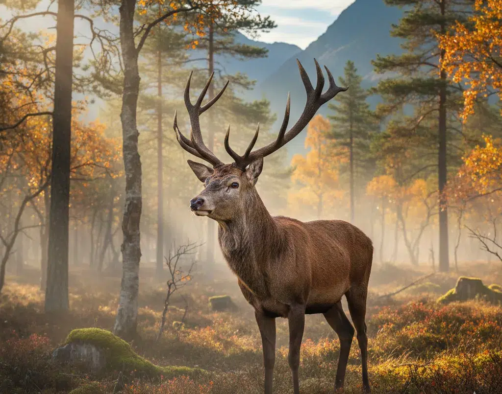 Majestic red deer stag in a misty Norwegian forest, representing Viltnemnda's wildlife management.