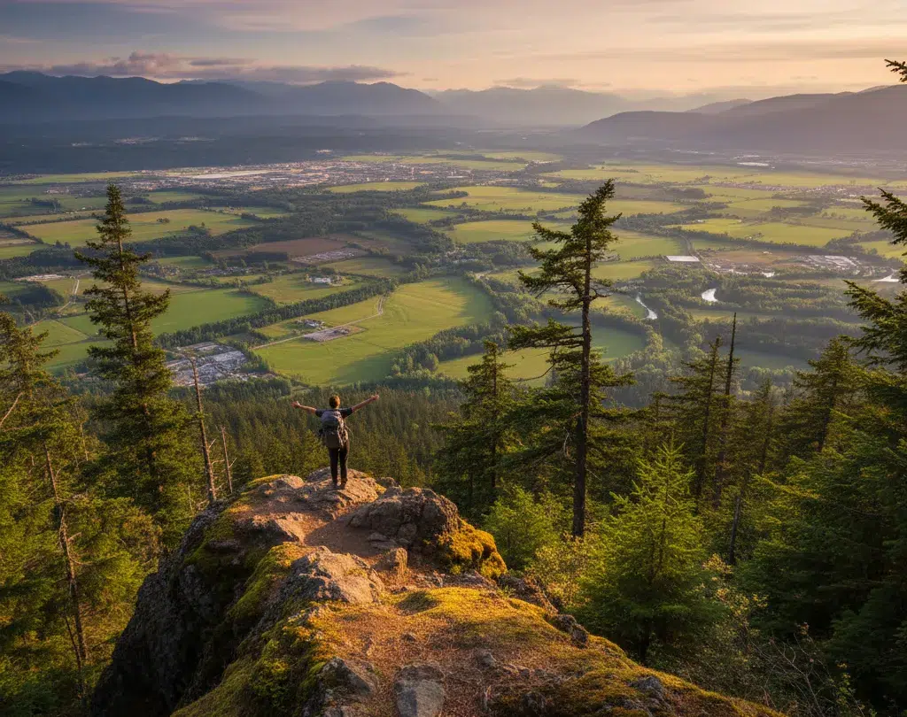Panoramic view from the Eastern Lookout, showing a hiker standing on a mossy rock outcrop overlooking the vast, green Fraser Valley and the distant peaks, capturing the wild essence of Sumas Mountain Regional Park.