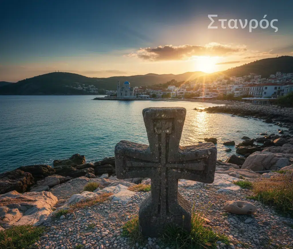 Ancient stone cross overlooking the sunset and the coastal town of Stavros in Thessaloniki, symbolizing the deep religious and geographic meaning of Sztavrosz.
