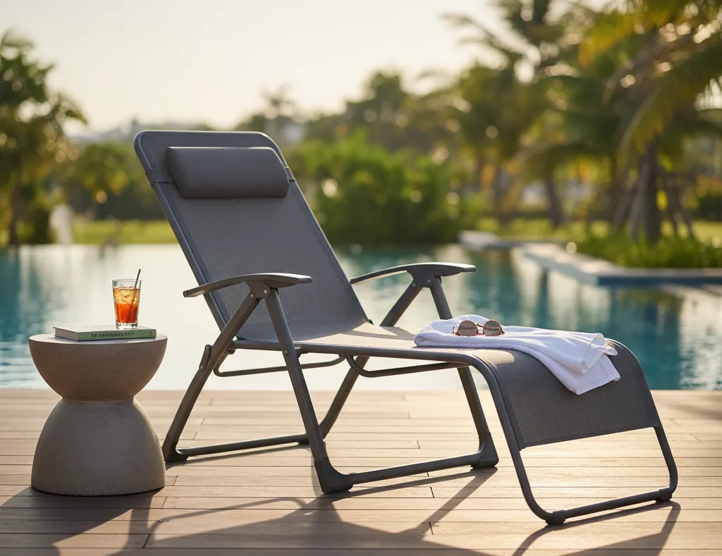 Dark gray tumbons foldable lounge chair reclined on a wooden deck next to a sunny swimming pool with palm trees.