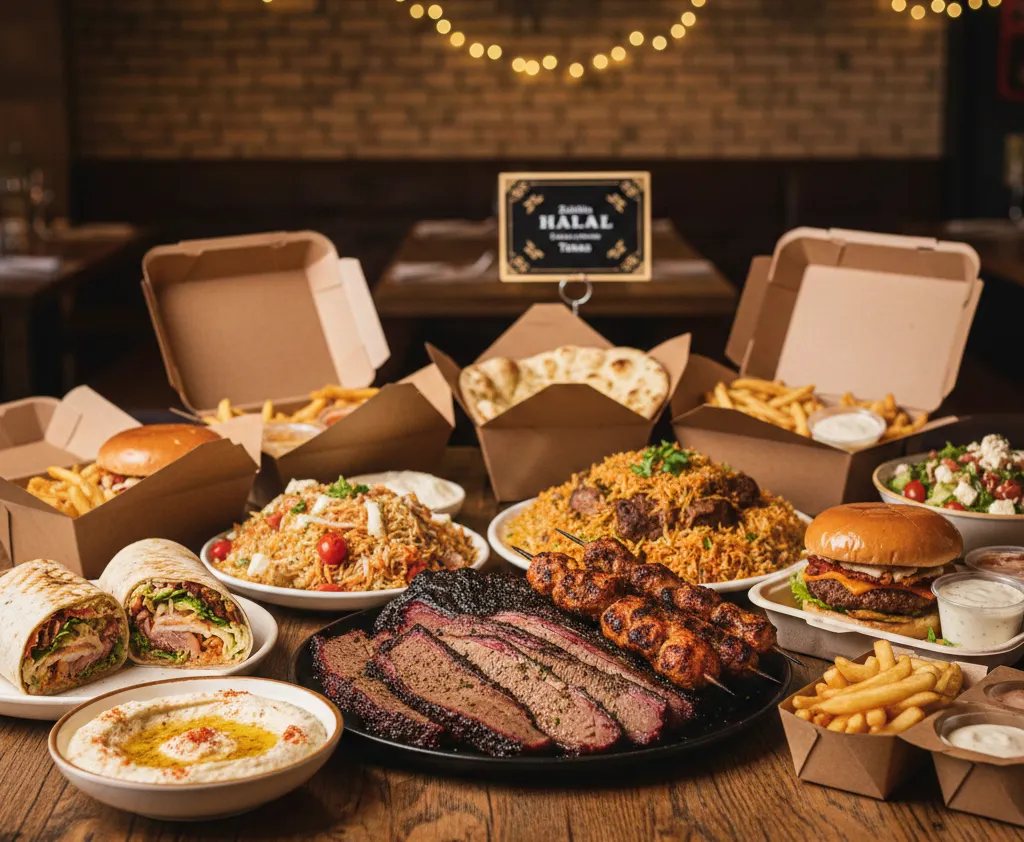 A delicious spread of Halal places to eat takeout food in Texas, featuring juicy smoked brisket, chicken skewers, shawarma wraps, biryani, and fries on a rustic wooden table.
