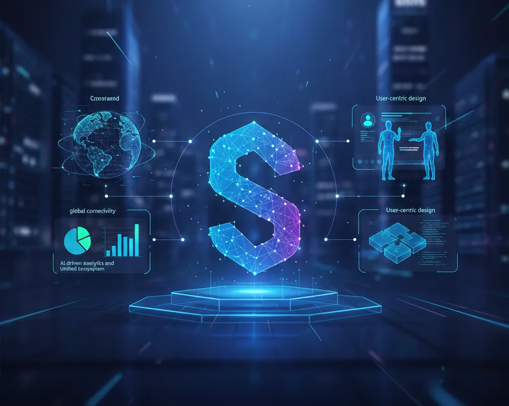 Futuristic digital illustration of the Serlig framework, featuring a glowing polygon 'S' logo on a podium surrounded by interconnected holographic elements representing AI analytics, global connectivity, and user-centric design principles.