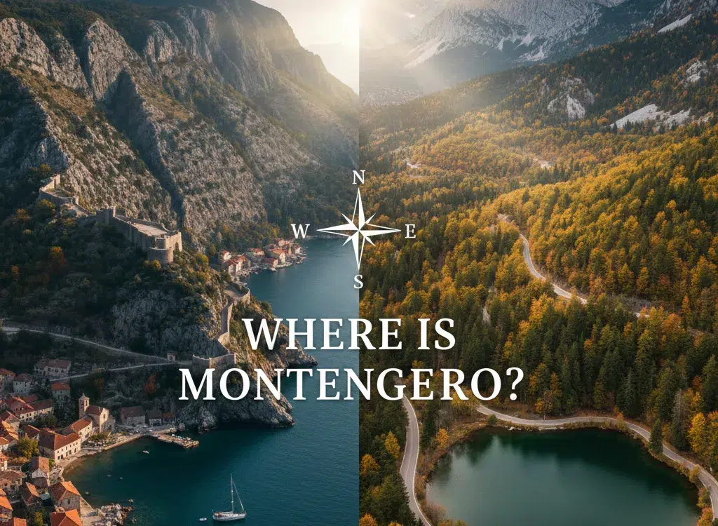 A split-screen view of Montenegro geography featuring the coastal Bay of Kotor with red-roofed houses on the left and the mountainous Durmitor National Park with a glacial lake and pine forests on the right, overlaid with a compass rose.