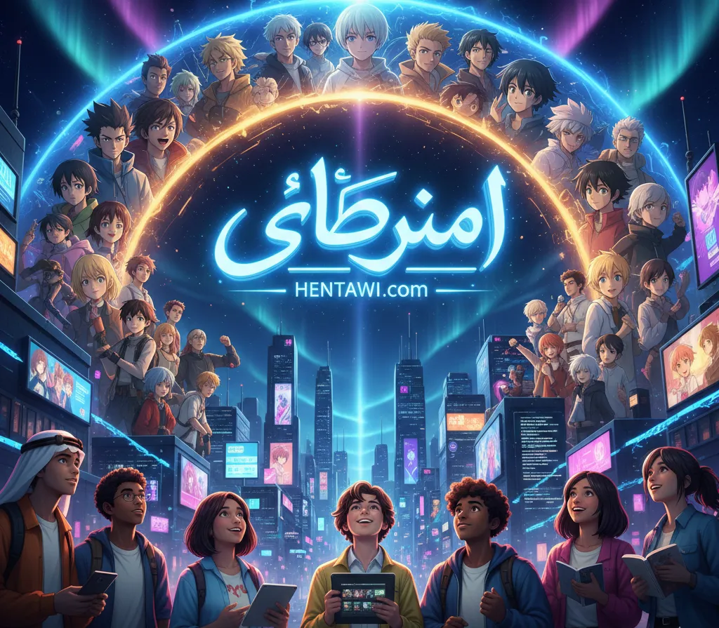 A vibrant digital illustration representing the هنتاوي.com community featuring diverse Arabic anime fans and iconic anime characters in a futuristic city.