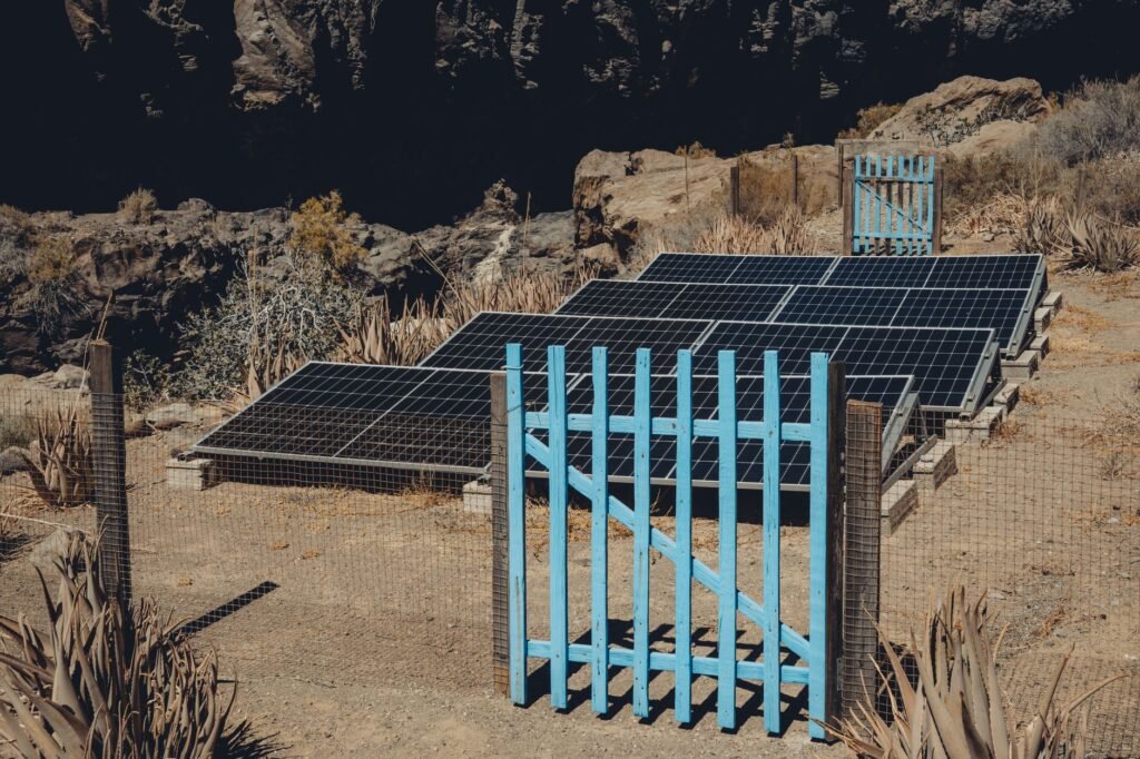 A travel trailer with a full rooftop solar array designed for off-grid air conditioning use. practical detail