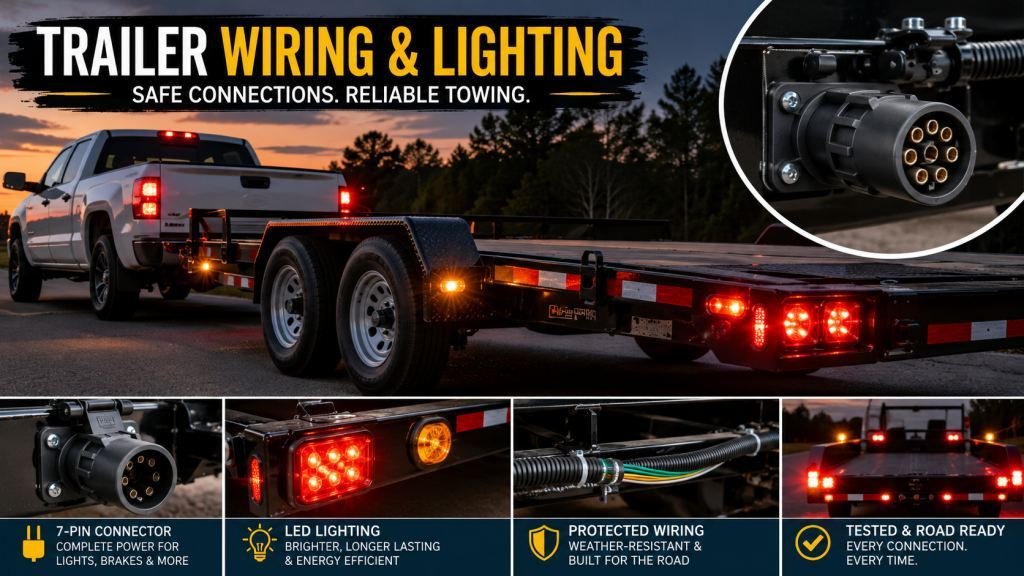 Trailer wiring and lighting system with 7-pin connector and LED trailer lights connected to a pickup truck.