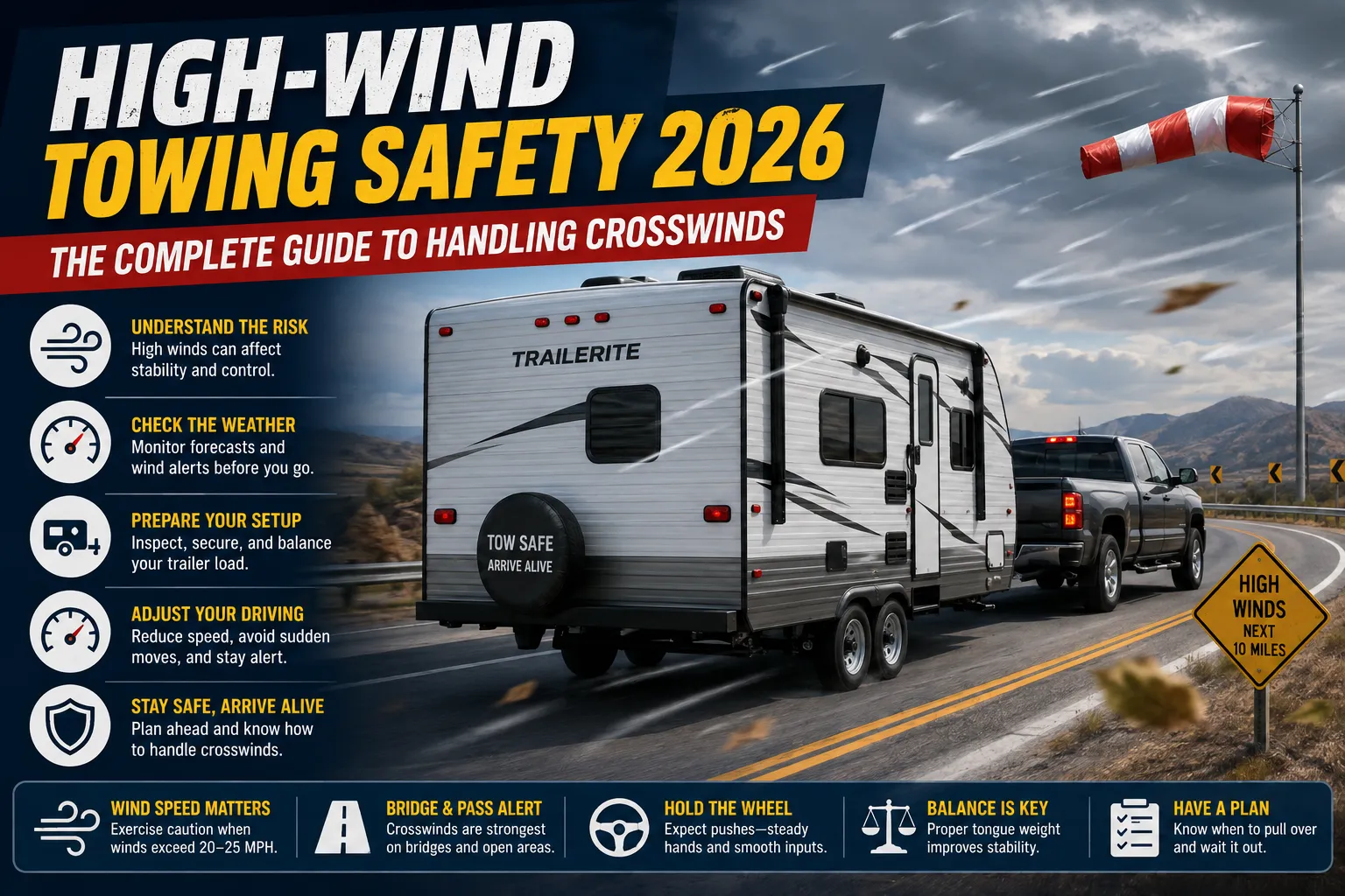 A travel trailer being towed on a highway during a high-wind storm event.