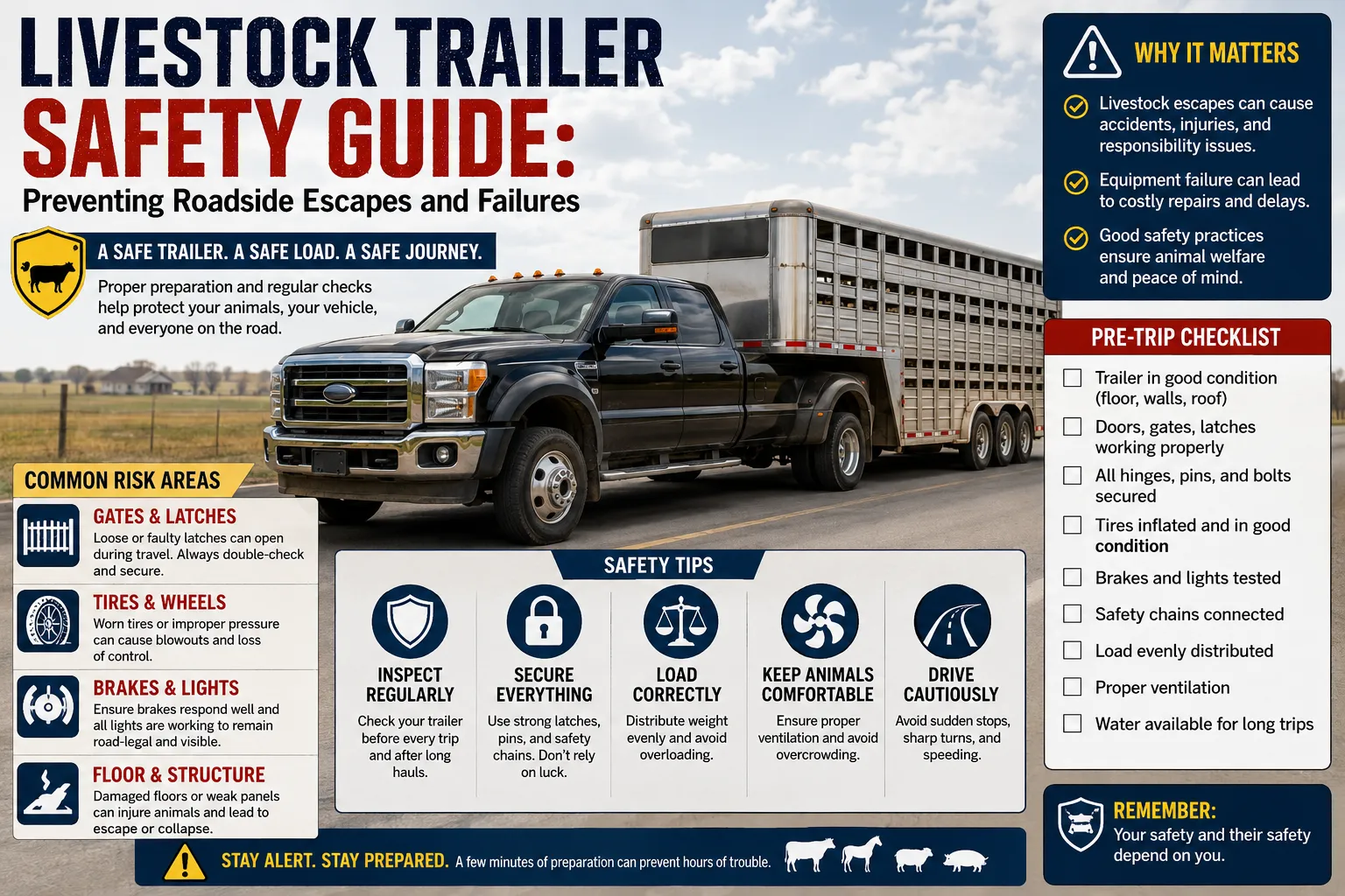 Close-up of a secure livestock trailer latch with secondary safety pin and heavy-duty hinges.