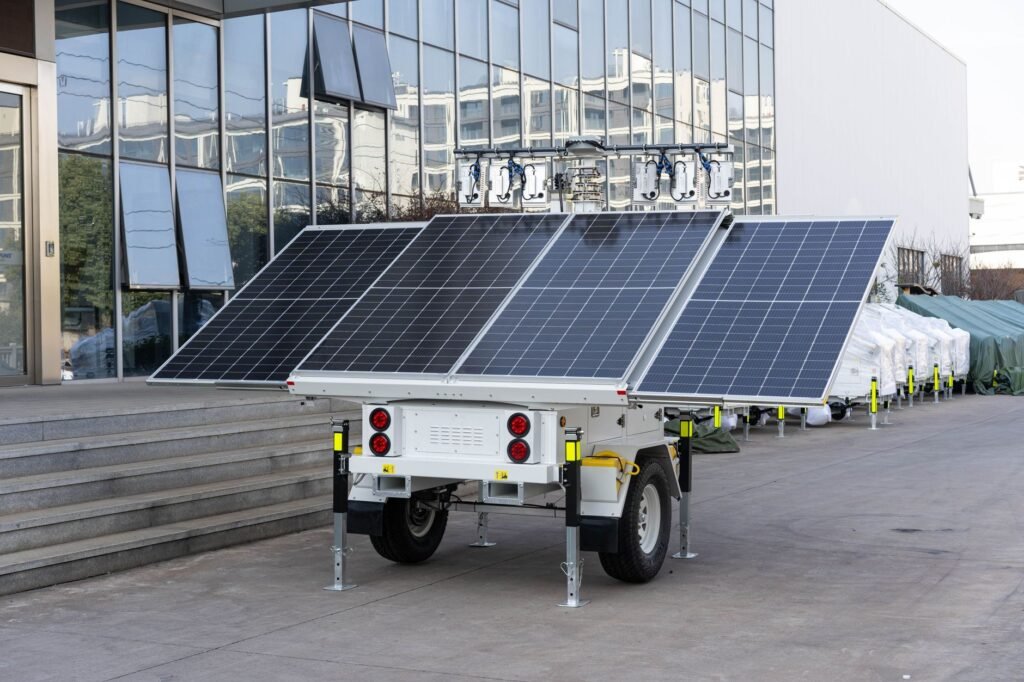 A modern travel trailer and 2026 high-capacity portable solar generator set up for off-grid camping in a sunny desert. practical detail