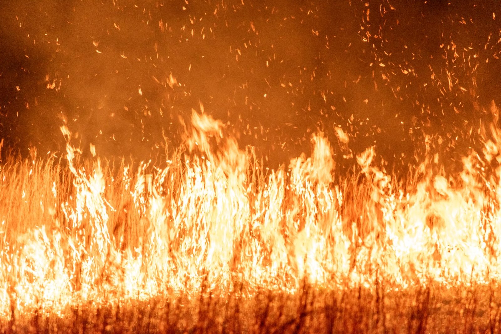 A pickup truck towing a travel trailer during a wildfire evacuation under a smoky orange sky.